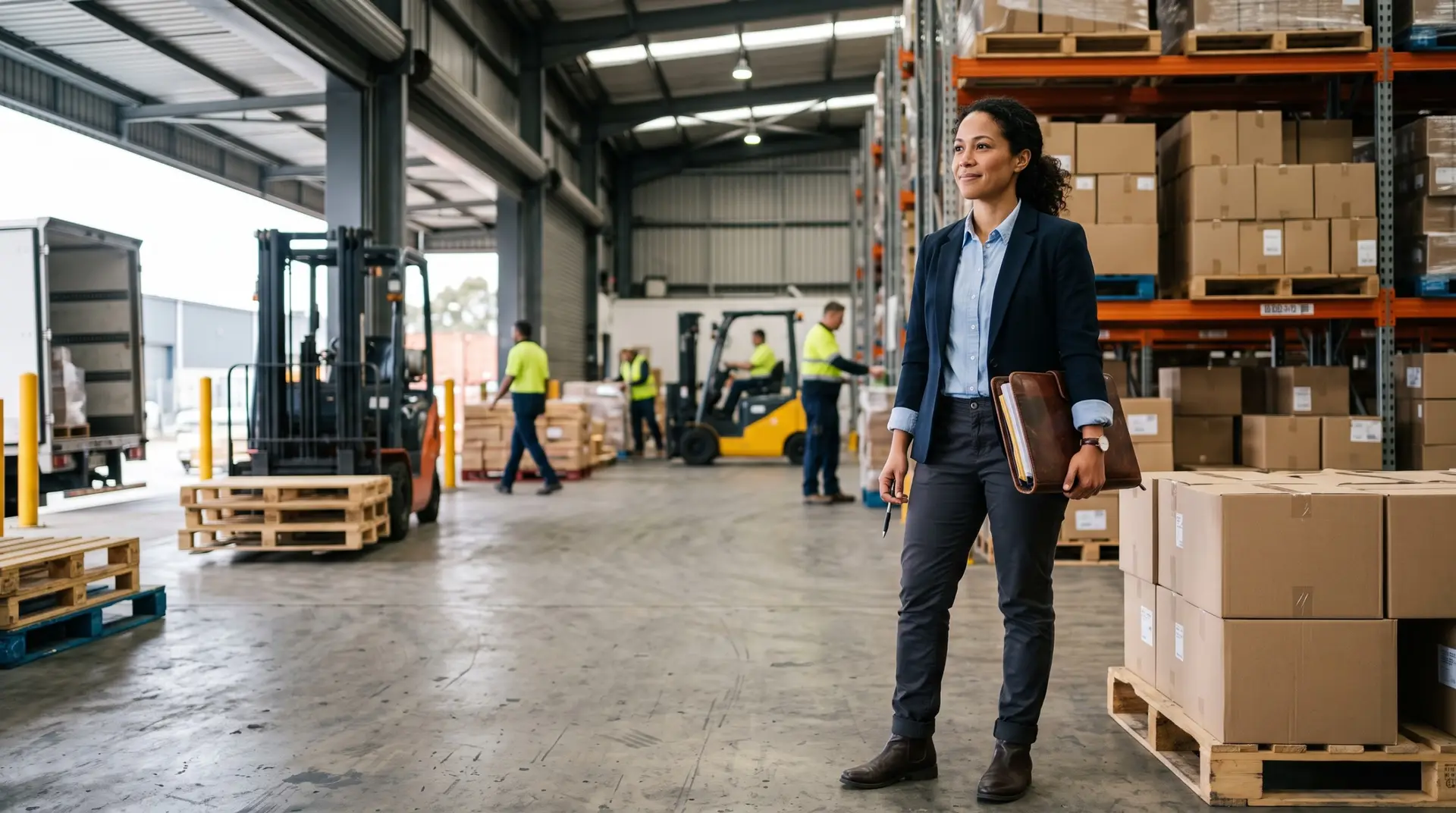 A woman in smart casual business attire holding a folder, standing in a busy warehouse loading area and looking off-camera. | clarus wms A woman in smart casual business attire holding a folder, standing in a busy warehouse loading area and looking off-camera.